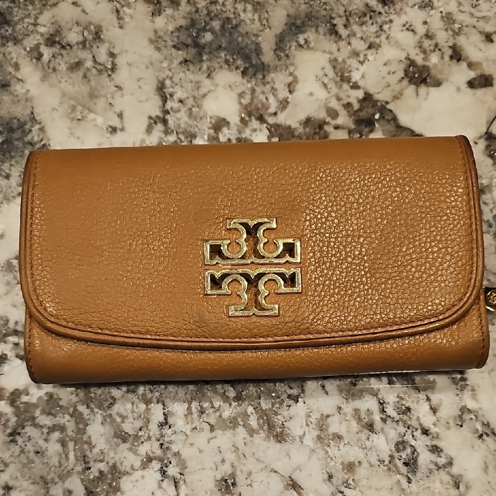 Tory Burch Tan Wallet with Gold Logo